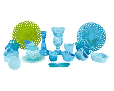 Lot 577 - A collection of Victorian and later press-moulded glass in shades of blue and green.