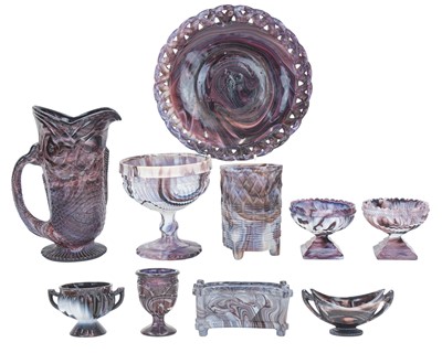 Lot 575 - A collection of Victorian press-moulded amethyst malachite slag glass.