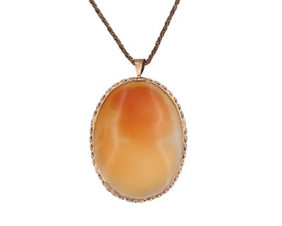 Lot 40 - A 9k mounted shell cameo pendant, on a 9k rope twist neck chain.