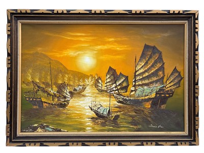 Lot 52 - David Chu, Chinese junk boat harbour. oil on...
