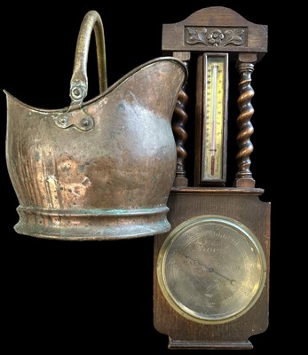 Lot 62 - An oak and brass aneroid wall hanging...