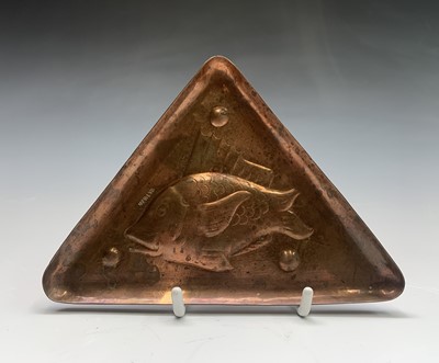 Lot 241 - A Newlyn copper pin tray of triangular form,...