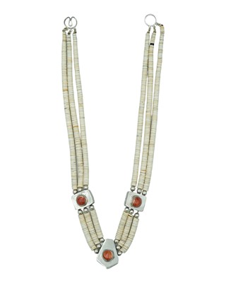 Lot 433 - A Mexican Kewa Pueblo necklace, with white clam shell disc beads & silver spacers, set with turquoise and coral cabochons.