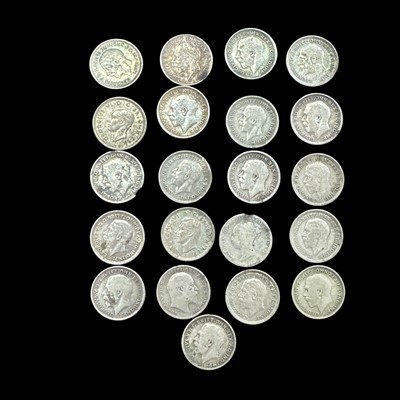Lot 210 - Twenty-one silver three pence coins.