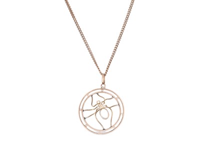 Lot 27 - A 9k rose gold spider pendant, set with rubies and pale blue paste, on a 9k neck chain.