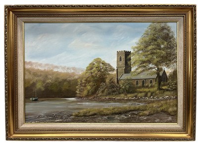 Lot 69 - Mike SHAW (XX), Riverside Church Scene, oil on...
