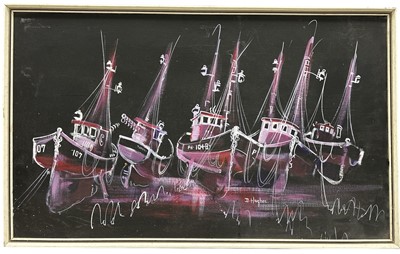 Lot 77 - D HUGHES, Fishing Boats in Harbour, oil on...