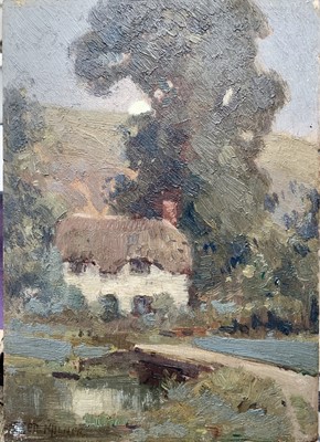 Lot 108 - Fred MILNER (1863-1939) Moonrise cottage Oil...