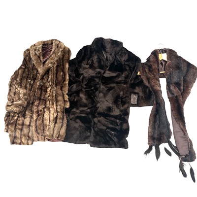 Lot 119 - Two vintage fur coats and a fur stole, sizes...