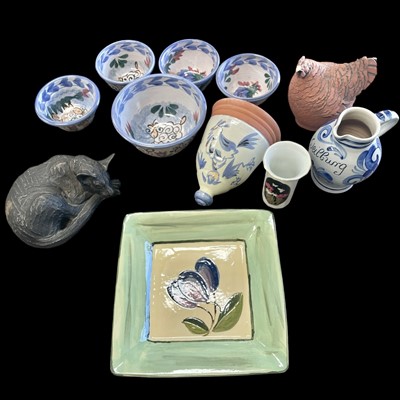 Lot 112 - Five bowls and a wall hanging pot by Jo Lord...