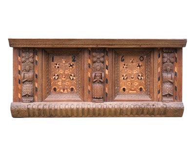Lot 739 - A joined oak and marquetry overmantel.