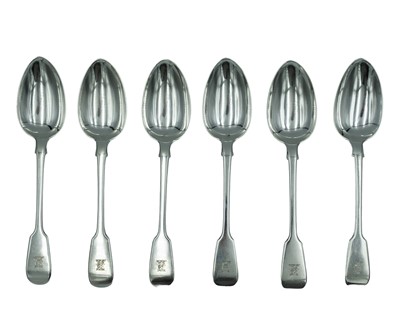 Lot 185 - A set of six George III silver fiddle-patterned dessert spoons by William Chawner II.