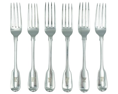 Lot 258 - A series of George III silver six fiddle-pattern dessert forks.