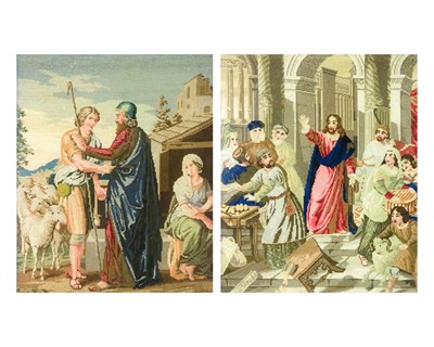 Lot 641 - Two Victorian woolwork panels, depicting scenes from the Bible.