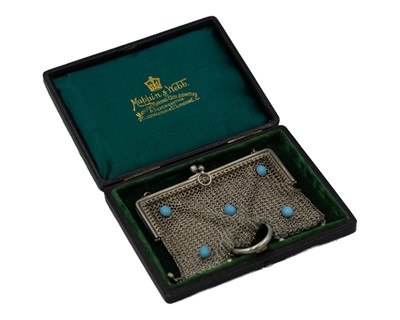 Lot 165 - An 800 silver chatelaine mesh coin purse with turquoise.