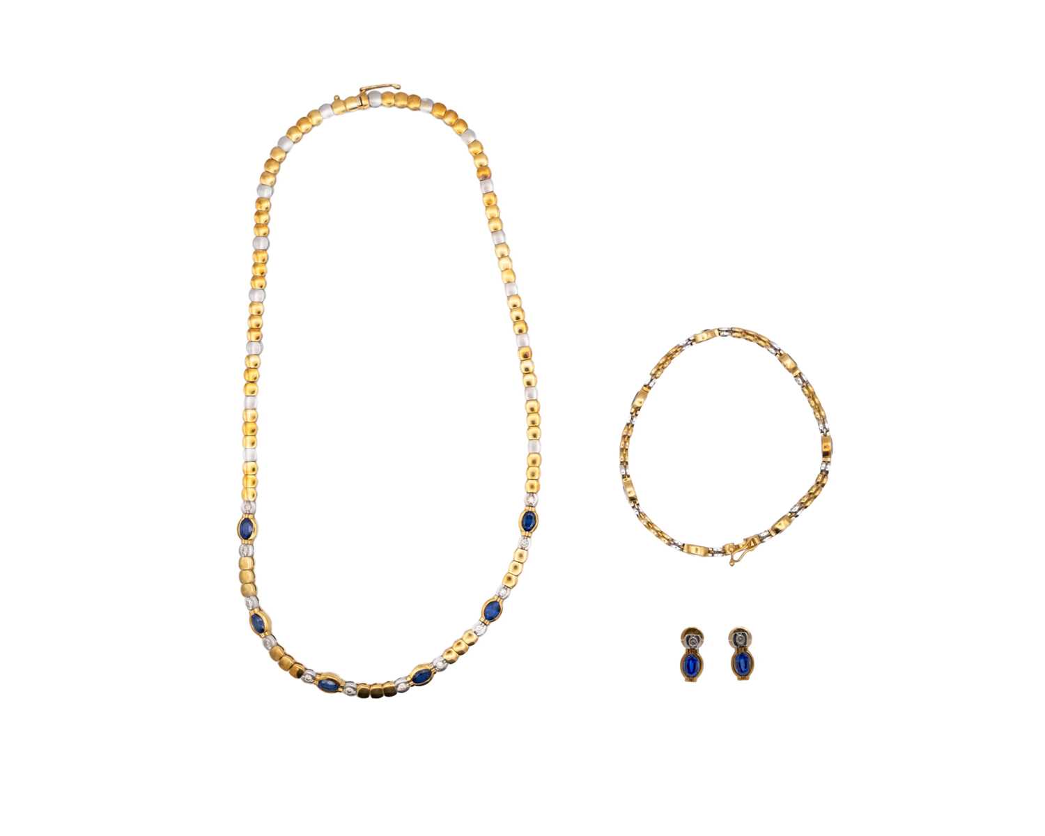 Lot 29 - An attractive modern 18k yellow and white gold diamond and sapphire set demi-parure.