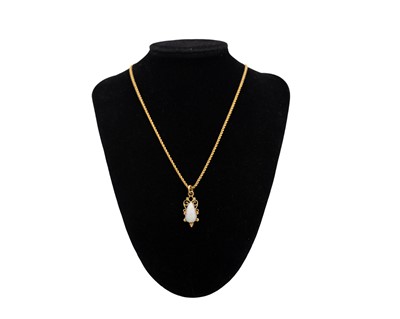 Lot 47 - A Victorian Etruscan Revival gold-mounted precious white opal set pendant, on a gold rope twist neck chain.