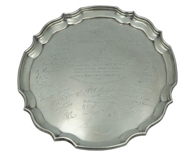 Lot 90 - A large George VI silver salver, engraved with signatures.