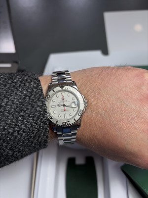 Lot 658 - ROLEX - A fine Yacht-Master platinum and steel gentleman's mid-size bracelet wristwatch.