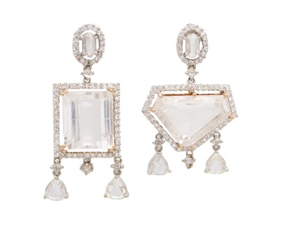 Lot 165 - A fine pair of 18k (tested) white gold, white zircon and diamond set cluster drop earrings.