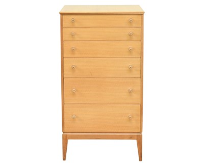 Lot 322 - An Alfred Cox pale walnut and maple tallboy chest.