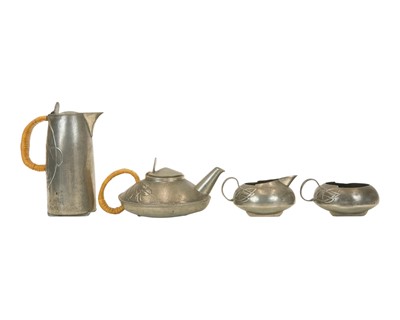 Lot 369 - Archibald Knox for Liberty and Co, a pewter four piece tea set.