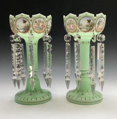 Lot 938 - A pair of Victorian opaque green glass lustre...