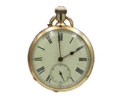 Lot 504 - An 18k cased keyless wind Swiss lever open face pocket watch.