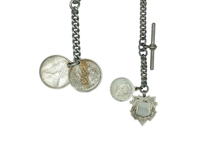 Lot 545 - A heavy silver Albert watch chain with two silver coin fobs.