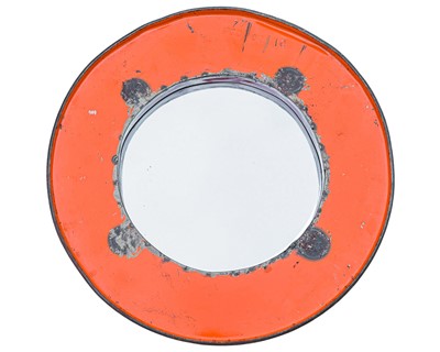 Lot 81 - A salvaged oil drum lid, repurposed as a mirror.