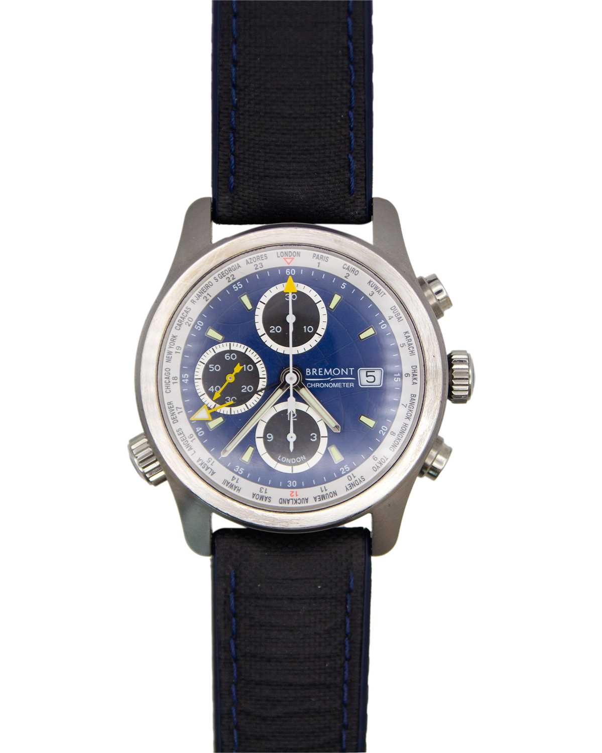 Lot 622 - BREMONT - A World Timer Blue ALT-WT chronometer stainless steel gentleman's automatic wristwatch.