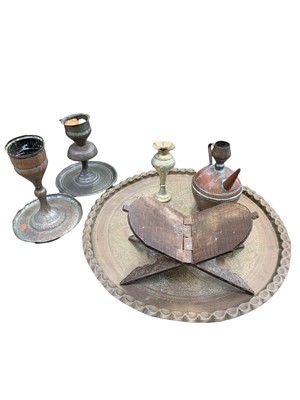 Lot 79 - Eastern metalware and a koran stand.