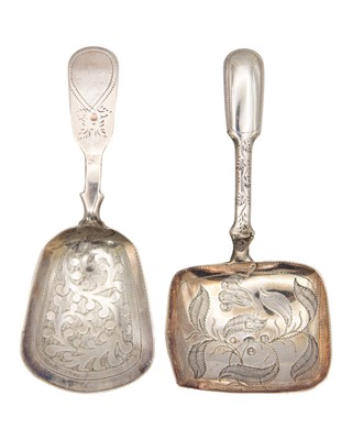 Lot 303 - Two 19th-century silver fiddle-pattern caddy spoons.