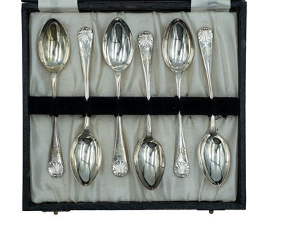 Lot 257 - A set of six silver Hanoverian shell pattern teaspoons by George Nathan & Ridley Hayes.