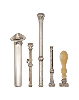 Lot 154 - A selection of silver propelling pencils and dip pen.