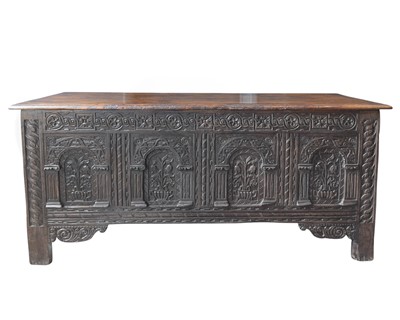 Lot 707 - An Elizebethan style oak coffer.