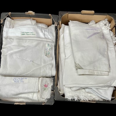 Lot 201 - Two boxes of assorted vintage linen.