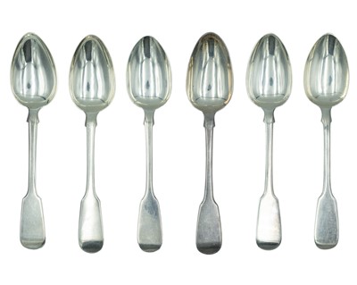Lot 177 - A set of six George III and Victoria fiddle-pattern dessert spoons.