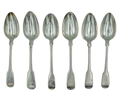 Lot 224 - A set of George III and Victoria silver fiddle-pattern table spoons.