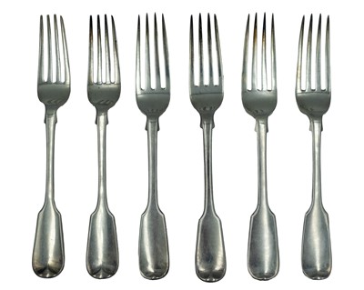 Lot 280 - A set of six George III and Victorian fiddle-pattern table forks.