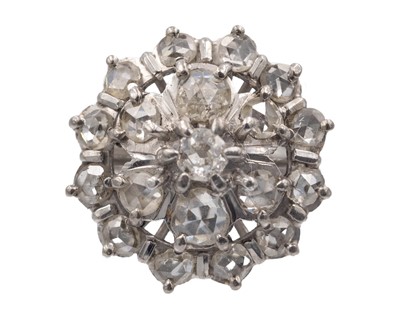 Lot 202 - An 18k white gold old mine-cut and rose-cut diamond set cluster ring.