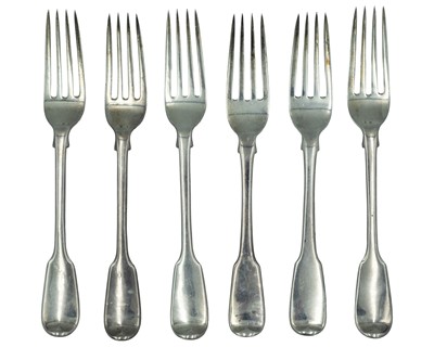 Lot 196 - A set of six George III silver fiddle-patterned dessert forks.