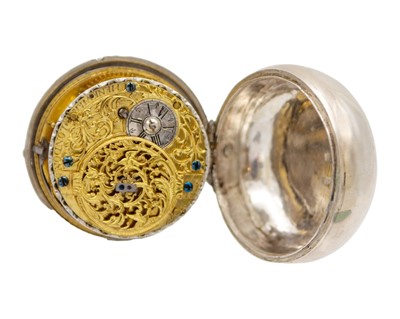 Lot A fine early 18th-century silver paircase fusee verge calendar pocket watch, the dial signed CHENEVIERE LONDON.