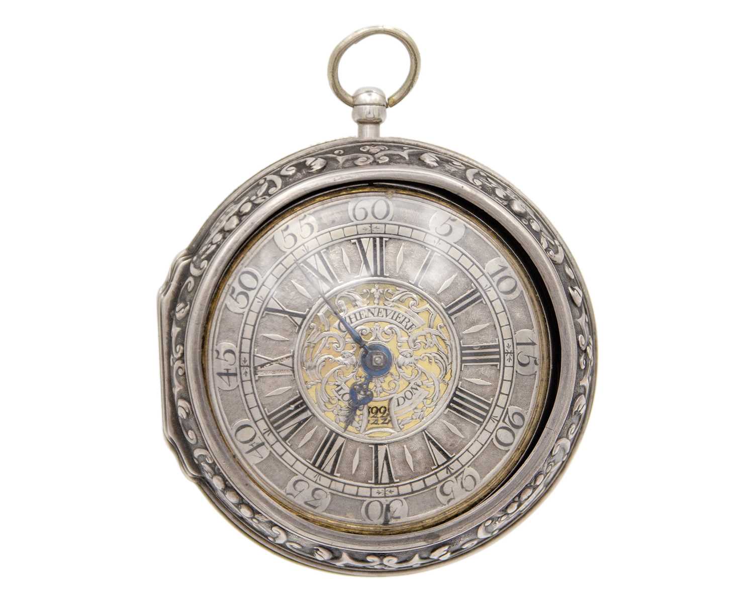 Lot A fine early 18th-century silver paircase fusee verge calendar pocket watch, the dial signed CHENEVIERE LONDON.