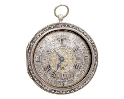 Lot A fine early 18th-century silver paircase fusee verge calendar pocket watch, the dial signed CHENEVIERE LONDON.