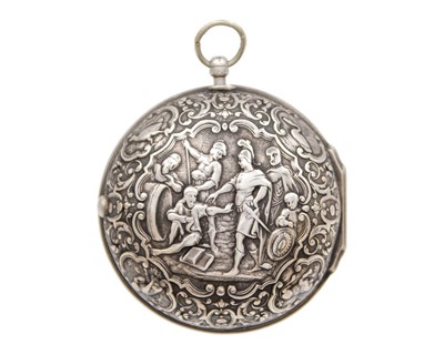 Lot A fine early 18th-century silver paircase fusee verge calendar pocket watch, the dial signed CHENEVIERE LONDON.