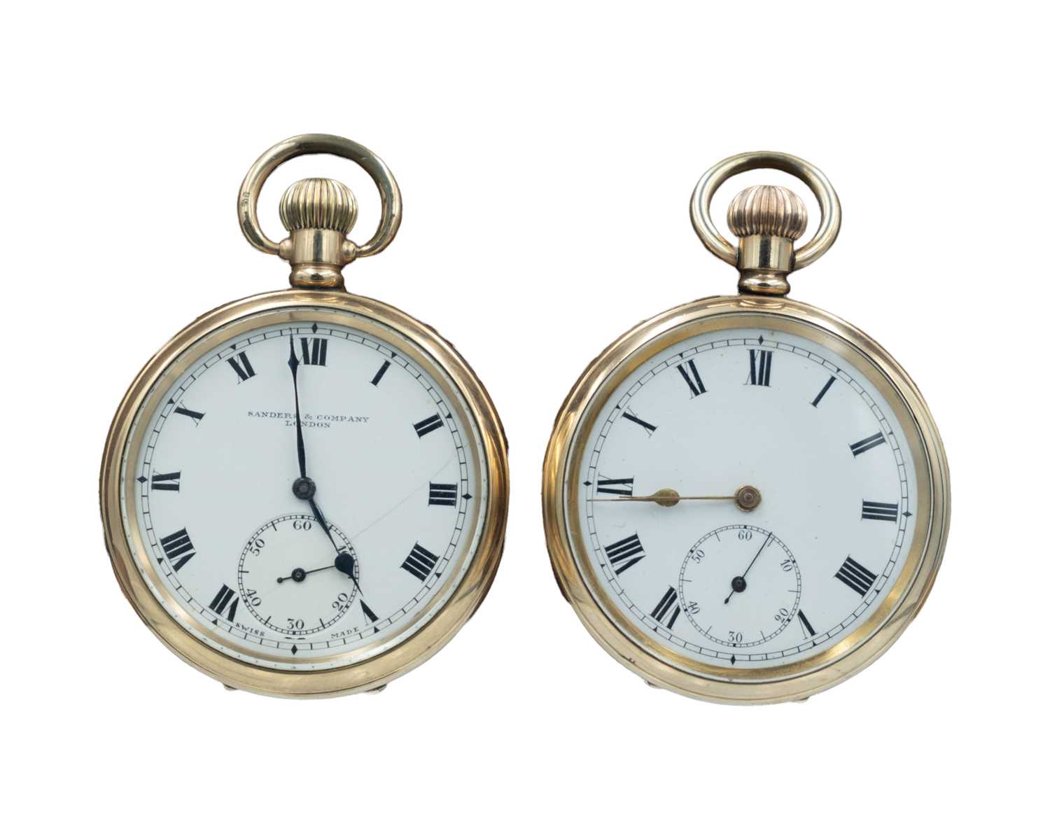 Lot 533 - Two gold-plated keyless wind open face lever pocket watches.