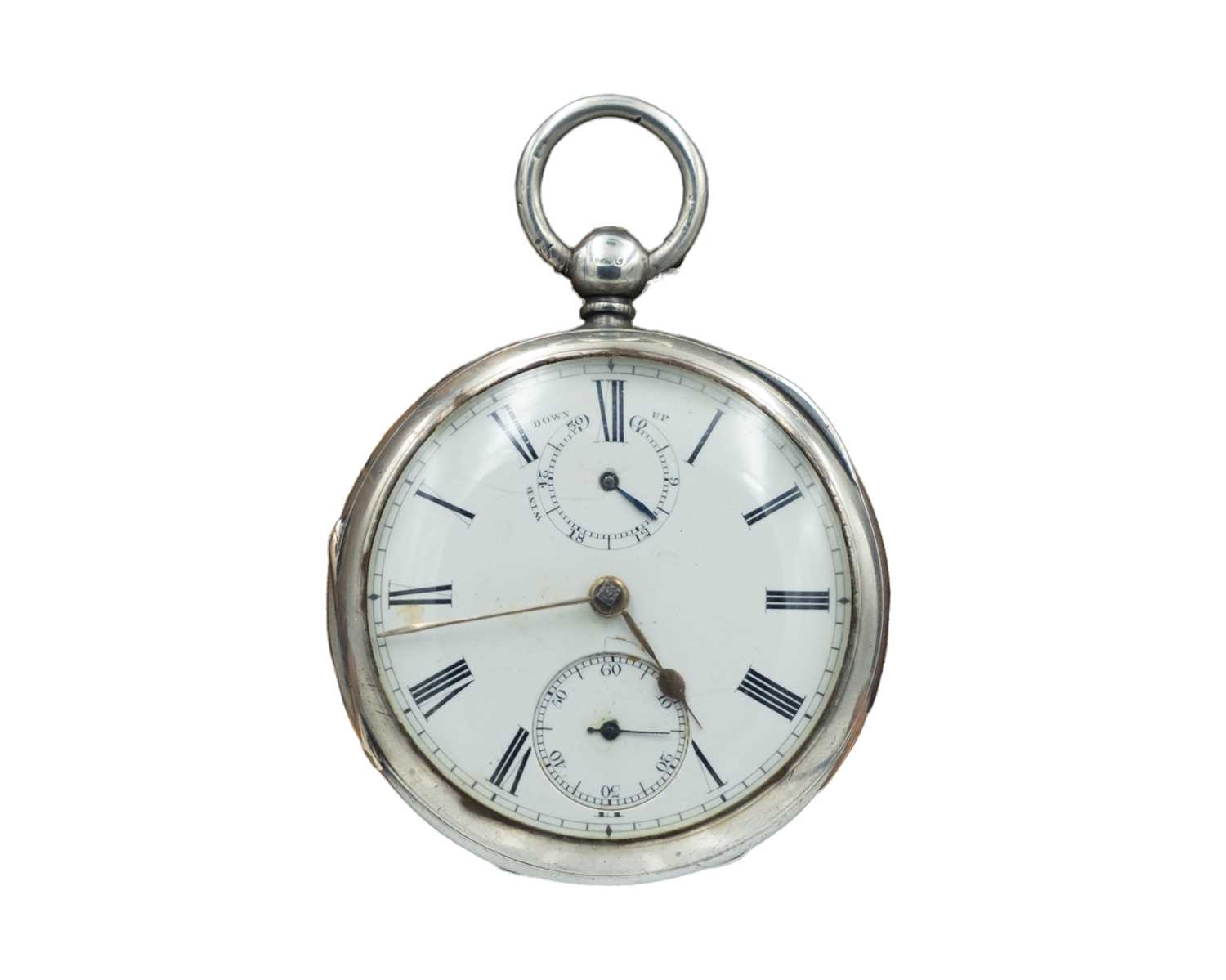 Lot 529 - A silver-cased key-wind lever pocket watch with wind down/up subsidiary dial.