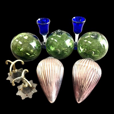 Lot 57 - Three fishing glass floats, two cobalt blue...