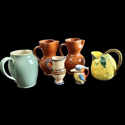 Lot 68 - Six jugs, one by Denby and one by Quimper,...